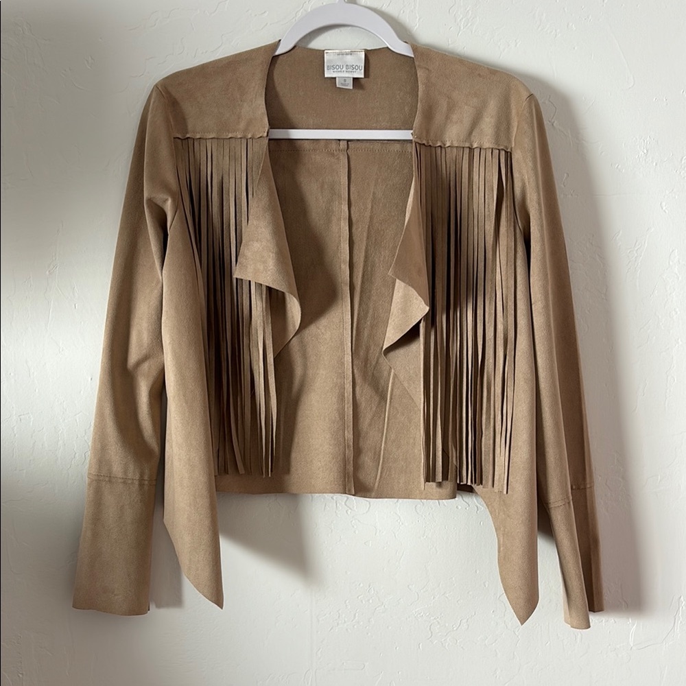 FINAL! NWOT! Bisou Bisou Beige Light Brown Micro Faux Suede Blazer Fringe Detail